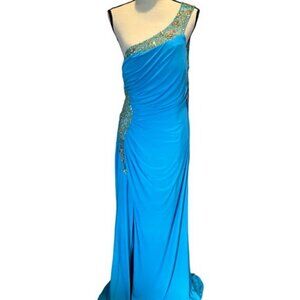 May Queen Couture Aqua Blue Embellished Beaded Illusion Jersey Gown Prom